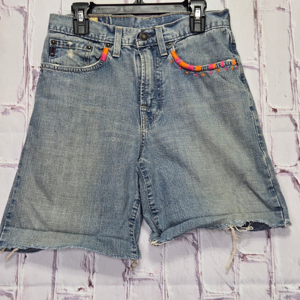 Vintage Y2K Abercrombie Denim Cut Off Shorts Blue Embroidered Boho Women Sz 10